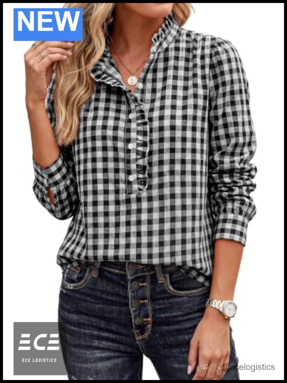 Womens Long Sleeve Button Down Plaid Shirt Ruffle V-Neck Puff Sleeve Blouse